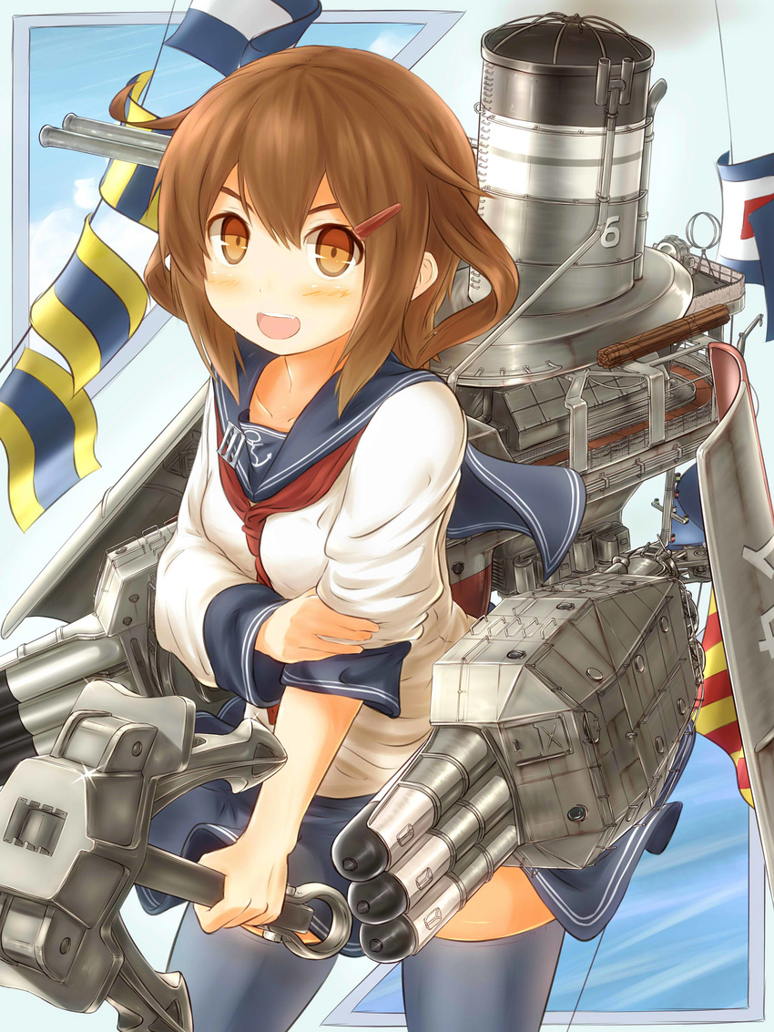 absurdres anchor black_thighhighs blouse blush brown_eyes brown_hair cannon commentary_request female flag hair_ornament hairclip highres ikazuchi_(kancolle) kantai_collection machinery naval_flag oerba_yun_fang open_mouth school_uniform serafuku shirt short_hair skirt smile smokestack solo suzushiro_(gripen39) thighhighs torpedo turret