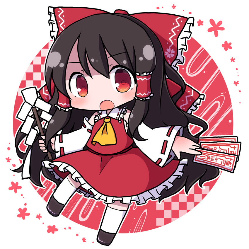 :o bare_shoulders between_fingers black_hair blush bow brown_hair chibi commentary_request detached_sleeves eyebrows female frilled_bow frilled_shirt_collar frills full_body gohei hair_tubes hairbow hakurei_reimu highres holding long_hair long_sleeves looking_at_viewer ofuda open_mouth red_bow red_eyes red_ribbon rensei ribbon solo stick tareme thighhighs touhou white_thighhighs wide_sleeves zettai_ryouiki