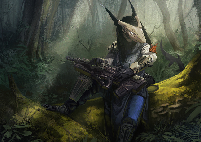 2015 anthro armor arthropod black_hair breasts butterfly claws clothed clothing destiny_(video_game) detailed_background empty_eyes female fish forest glowing glowing_eyes gun hair holding_gun holding_object holding_ranged_weapon holding_rifle holding_weapon horn insects lepidopteran marine monarch_butterfly nature nomax non-mammal_breasts outside plant portrait pulse_rifle_(destiny) ranged_weapon ravegeam rifle shark solo three-quarter_portrait tree warlock_(destiny_2) weapon white_body white_eyes white_skin