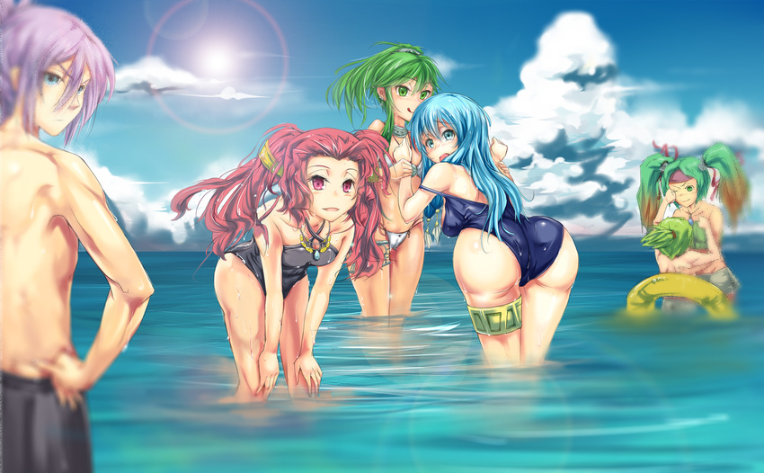 2boys 4girls ariel_(yu-gi-oh!) ass blush cloud cloudy_sky commentary_request day duel_monster emilia_(yu-gi-oh!) gishki_ariel gishki_avance gishki_emilia highres kamui_hope_of_gusto looking_at_viewer multiple_boys multiple_girls ocean partially_submerged photoshop_(medium) reeze_whirlwind_of_gusto sky smile solo_focus sunlight swimsuit wading wet winda_(yu-gi-oh!) winda_priestess_of_gusto yinzhang yu-gi-oh!