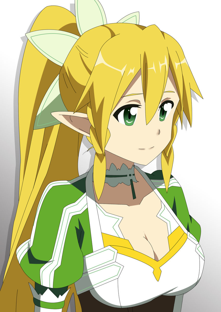 absurdres blonde_hair braid breasts choker cleavage closed_mouth collarbone commentary_request elf female gradient_background green_eyes hair_between_eyes hair_ribbon highres knightstar large_breasts leafa long_hair looking_away photoshop_(medium) pointy_ears ponytail puffy_sleeves ribbon side_braid sidelocks simple_background smile solo sword_art_online twin_braids upper_body