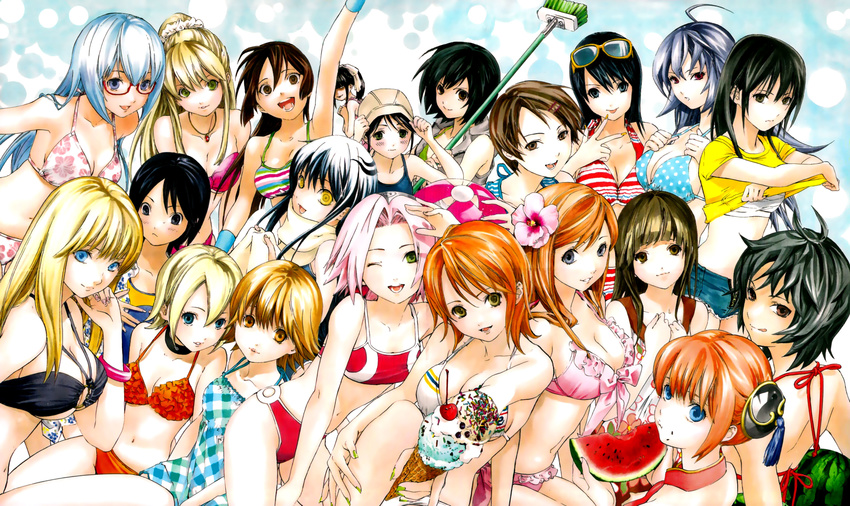 6+girls :p absurdres ahoge aida_riko akimoto_katherine_reiko amamiya_sakurako annotated aoi_hana_(oumagadoki_doubutsuen) asaki_chika azuki_miho bakuman ball bangle beachball beauty_tamura beelzebub_(manga) bikini black_hair bleach blonde_hair blue_eyes blue_hair bracelet breasts brown_eyes brown_hair cherry cleavage collar company_connection crease crossover eating everyone flat_chest flower food frills fruit gintama glasses green_eyes green_nails grey_eyes hair_ornament hairpin hasuno_nene hat highres hokenshitsu_no_shinigami ice_cream imageboard_desourced inoue_orihime inumarudashi jewelry kaburagi_maya kagura_(gintama) katekyo_hitman_reborn! kawashita_mizuki kochikame kunieda_aoi kurokami_medaka kuroko_no_basuke large_breasts medaka_box medium_breasts metallica_metalluca mop multiple_crossover multiple_girls nail_art nail_polish nami_(one_piece) naruto naruto_(series) necklace non-web_source nurarihyon_no_mago official_art one_piece onizuka_hime oumagadoki_doubutsuen photoshop_(medium) pink_hair pink_nails polka_dot psyren pyuu_to_fuku!_jaguar red_eyes ribbon rin_(toriko) sakura_haruno sasagawa_kyouko scan scan_artifacts shino_(metallica_metalluca) shorts shounen_jump shounen_shikku sket_dance striped sunglasses swimsuit swot tassel tongue tongue_out toriko_(series) undressing watermelon yamada_tamako yellow_eyes yellow_nails yuki_onna_(nurarihyon_no_mago) zipper