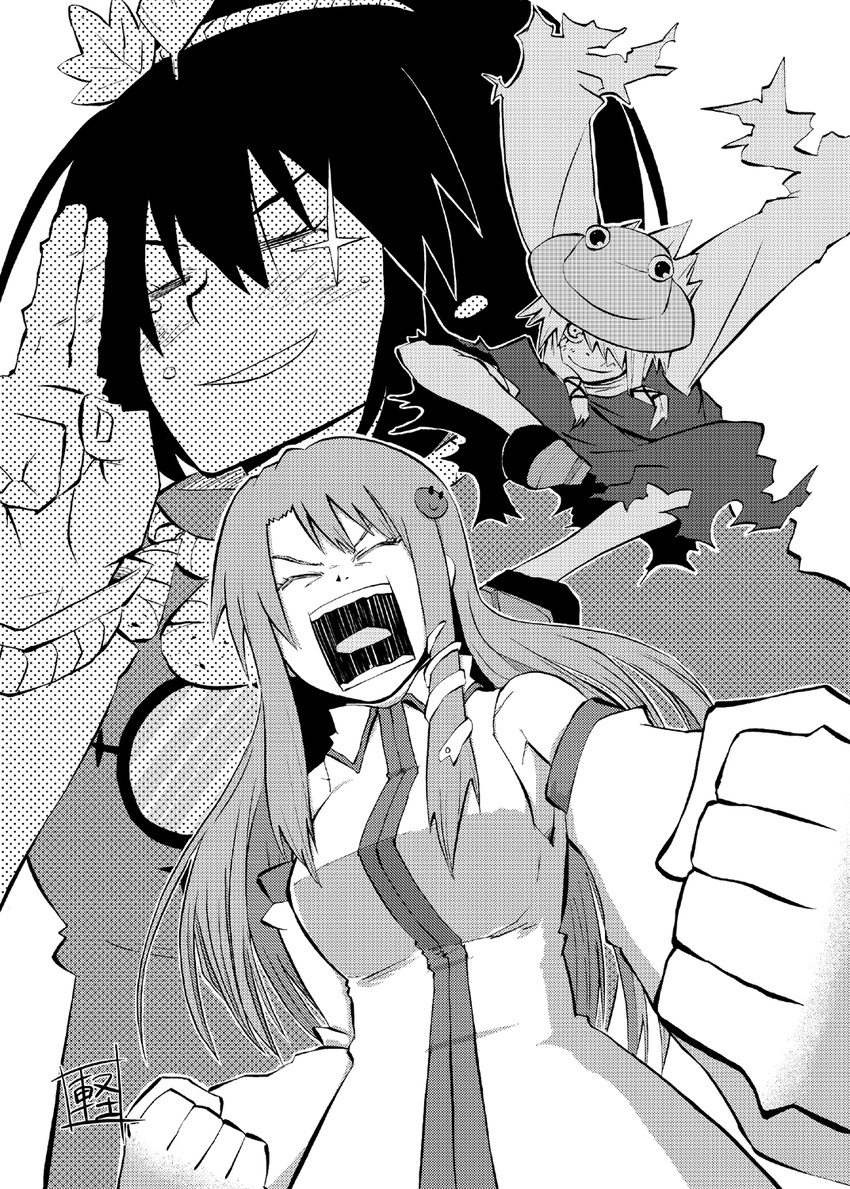 3girls commentary_request greyscale hat highres karu_(ishiken) kochiya_sanae long_hair monochrome moriya_suwako multiple_girls short_hair shouting touhou yasaka_kanako