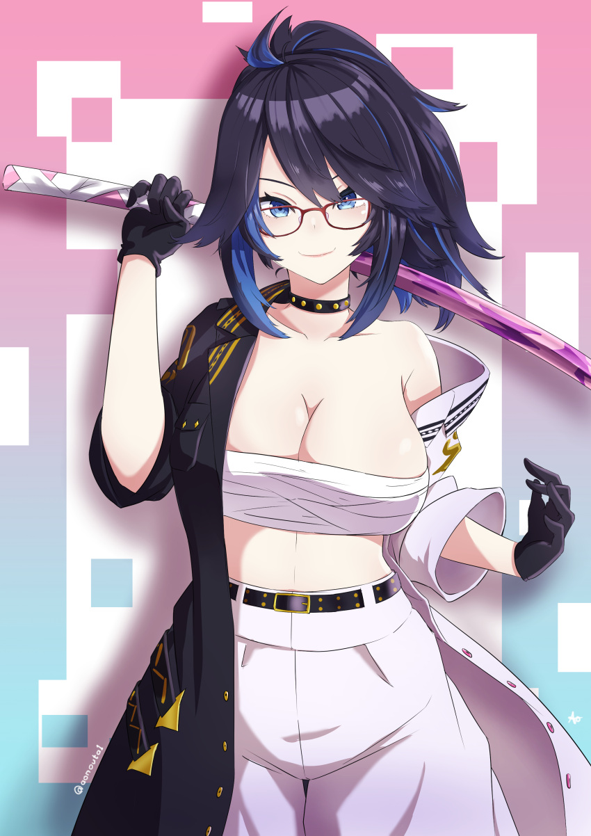 absurdres aonouta belt black_belt black_gloves black_hair black_jacket blue_eyes blue_hair breasts chest_sarashi cleavage english_commentary female glasses gloves high-waist_pants highres holding holding_sword holding_weapon indie_virtual_youtuber jacket kson multicolored_clothes multicolored_hair multicolored_jacket no_shirt over_shoulder pants ponytail sarashi smile solo souchou streaked_hair sword two-tone_jacket virtual_youtuber weapon weapon_over_shoulder white_jacket white_pants