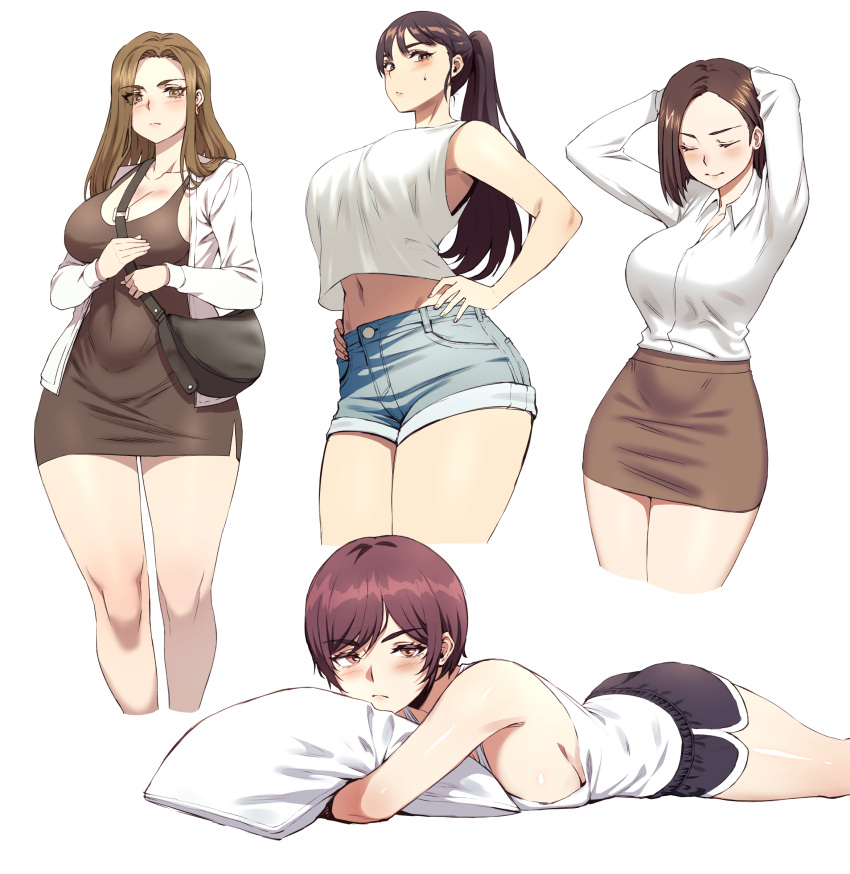 4girls absurdres arms_behind_head bag blush breasts brown_eyes brown_hair carcass_(artist) cleavage closed_eyes closed_mouth commentary_request crop_top crop_top_overhang denim denim_shorts dress hand_on_own_hip handbag highres korean_commentary large_breasts long_hair looking_at_viewer lying midriff miniskirt multiple_girls multiple_views navel on_stomach original pencil_dress pencil_skirt pillow ponytail shirt short_hair short_shorts shorts sideboob simple_background skirt sleeveless sleeveless_shirt stomach thick_thighs thigh_gap thighs white_background white_shirt