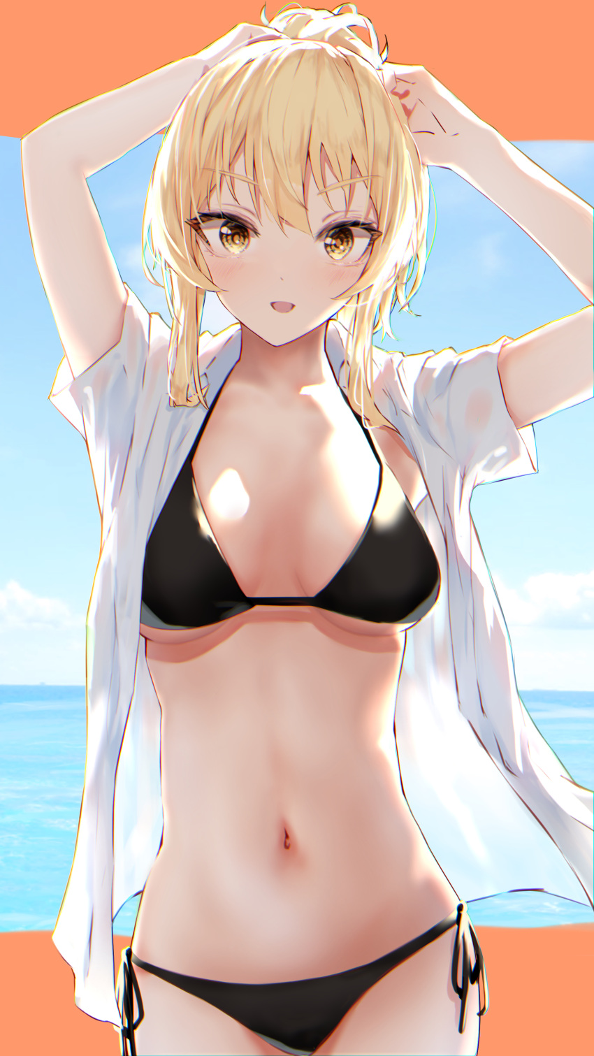 :d absurdres arms_up bikini bikini_under_clothes black_bikini black_ribbon blonde_hair blue_sky blush breasts breasts_apart commentary cowboy_shot day female hair_bun halterneck highres horizon love_live! love_live!_nijigasaki_high_school_idol_club medium_breasts miyashita_ai navel ocean open_clothes open_mouth open_shirt outdoors ribbon shirt short_sleeves side-tie_bikini_bottom sidelocks single_hair_bun sky smile solo stomach string_bikini swimsuit tanaka212 tying_hair white_shirt yellow_eyes