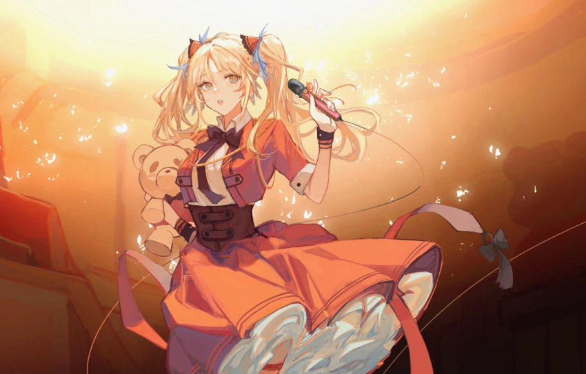 16400526 arknights blonde_hair bow bowtie commentary corset dress female hand_on_own_hip highres holding holding_stuffed_toy layered_dress microphone official_alternate_costume open_mouth orange_background orange_dress orange_theme pinecone_(arknights) pinecone_(sing_a_song)_(arknights) ribbon solo standing stuffed_animal stuffed_toy symbol-only_commentary teddy_bear twintails