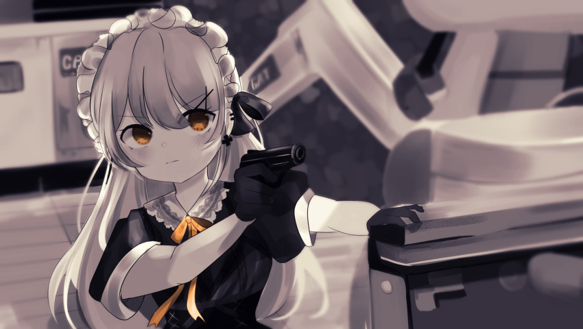 bad_id bad_pixiv_id black_gloves expressionless female frilled_hairband frills girls'_frontline gloves gun hairband handgun highres james_bond_(series) light_brown_hair long_hair movie_reference muted_color orange_eyes ppk_(girls'_frontline) riko_(rik0ring) scene_reference skyfall solo spot_color very_long_hair walther walther_ppk weapon