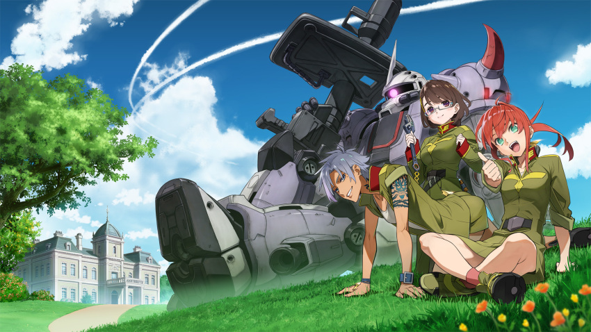 3girls all_fours alma_stirner arm_support arm_tattoo bazooka_(gundam) belt blue_eyes brown_hair cloud collarbone contrail day earrings flower green_eyes grey_hair gundam gundam_battle_operation_code_fairy helena_hegel highres indian_style jewelry looking_at_viewer mansion mecha medium_hair mia_brinkman military military_uniform mole mole_under_eye multiple_girls neck_tattoo official_art orange_hair outdoors parted_lips purple_eyes robot semi-rimless_eyewear short_hair sitting smile tattoo teeth thumbs_up tree uniform upper_teeth_only wrench zaku_ii zaku_ii_hmgt_alma_stirner_custom zeon