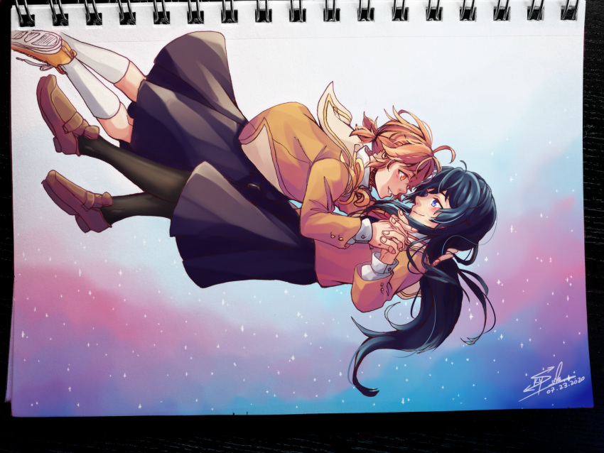 2girls ahoge black_hair black_pantyhose eye_contact hand_in_own_hair highres interlocked_fingers koito_yuu long_hair looking_at_another mixed_media multiple_girls nanami_touko orange_hair pantyhose school_uniform short_hair sky skyxsy smile star_(sky) starry_sky tohmi_higashi_high_school_uniform white_legwear yagate_kimi_ni_naru