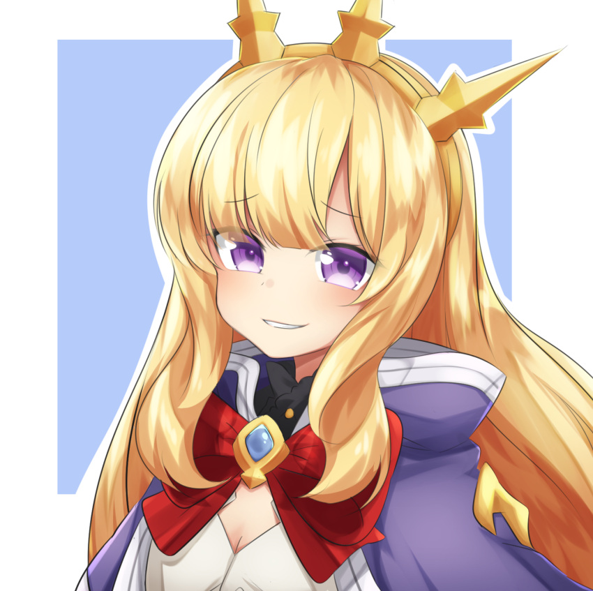 blue_background border bow bowtie breasts cagliostro_(granblue_fantasy) cape cleavage crown female granblue_fantasy highres klaius long_hair looking_at_viewer outline parted_lips purple_cape purple_eyes red_bow red_bowtie small_breasts smile solo white_border white_outline