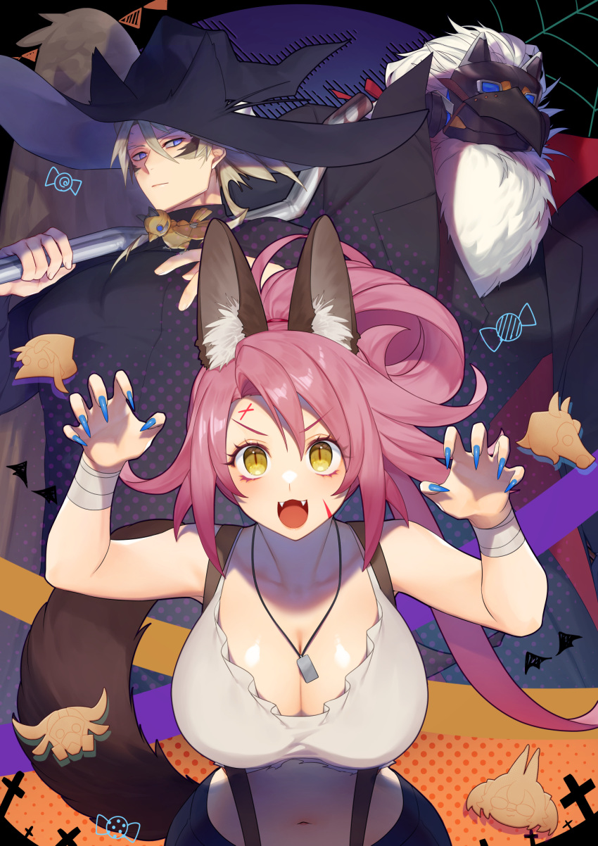 2boys animal_ear_fluff animal_ears bare_shoulders black_coat black_headwear black_robe black_skirt blonde_hair blue_eyes blue_nails breasts claw_pose cleavage coat collarbone commentary_request cowboy_shot duel_monster facial_mark fangs feathered_wings female ferret_ears ferret_girl fingernails fox_tail fur goggles hair_between_eyes halloween halloween_costume hat highres holding holding_staff jewelry kitt_(yu-gi-oh!) large_breasts long_fingernails long_hair looking_at_viewer mask midriff multiple_boys navel necklace open_mouth over_shoulder pink_hair ponytail robe short_hair sidelocks single_wing skirt slit_pupils staff standing suspender_skirt suspenders tail tank_top tri-brigade_ferrijit_the_barren_blossom tri-brigade_fraktall tri-brigade_kerass tri-brigade_kitt tri-brigade_nervall tri-brigade_rugal_the_silver_sheller tri-brigade_shuraig_the_ominous_omen vulture_(washizu0808) weapon weapon_over_shoulder white_hair white_tank_top wings wizard wizard_hat yellow_eyes yu-gi-oh!