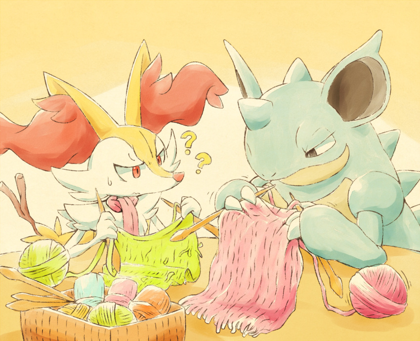 ? ?? animal_ear_fluff box braixen bright_pupils brown_eyes closed_mouth commentary_request kinakomochi_(kazuna922) knitting looking_down nidoqueen pokemon pokemon_(creature) stick sweatdrop wavy_mouth white_pupils yarn yarn_ball