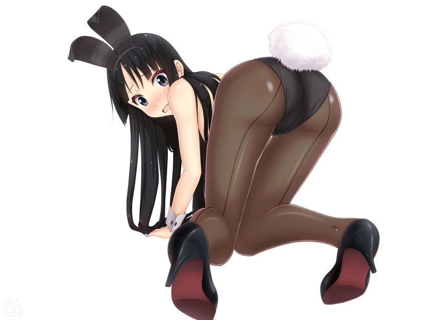 absurdres akiyama_mio all_fours animal_ears ass back-seamed_legwear black_eyes black_hair black_leotard black_pantyhose blunt_bangs blush commentary_request embarrassed fake_animal_ears female highres hime_cut k-on! leotard long_hair looking_at_viewer looking_back nose_blush pantyhose playboy_bunny rabbit_ears rabbit_tail sainohikari seamed_legwear sidelocks simple_background solo strapless strapless_leotard tail white_background wrist_cuffs