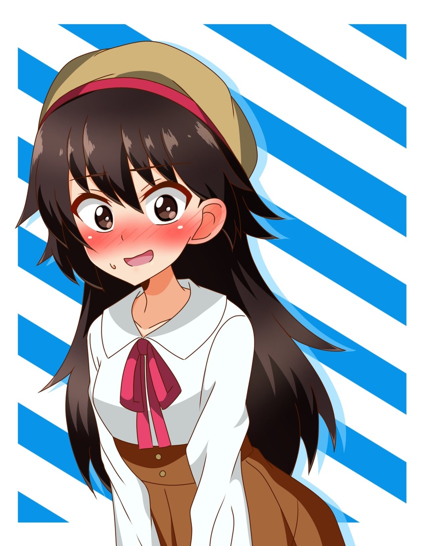 alternate_hair_length alternate_hairstyle bad_id bad_twitter_id beret blue_background blush brown_hat brown_skirt casual collared_shirt commentary diagonal_stripes female girls_und_panzer hat high-waist_skirt highres isobe_noriko leaning_forward long_hair long_sleeves looking_at_viewer neck_ribbon open_mouth red_ribbon ribbon shirt silhouette skirt solo standing striped striped_background sweatdrop tanutika white_shirt wig