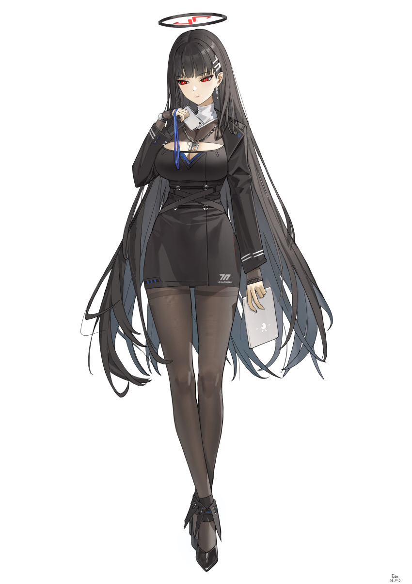 absurdres alternate_costume bad_id bad_pixiv_id black_dress black_footwear black_hair black_pantyhose blue_archive blunt_bangs breasts chain_necklace chains chinese_commentary cleavage cleavage_cutout closed_mouth clothing_cutout commentary_request dor_m dress female full_body halo hand_up high_heels highres holding holding_tablet_pc jewelry large_breasts long_hair long_sleeves looking_down mechanical_halo necklace pantyhose red_eyes rio_(blue_archive) short_dress simple_background solo standing tablet_pc thighband_pantyhose turtleneck white_background