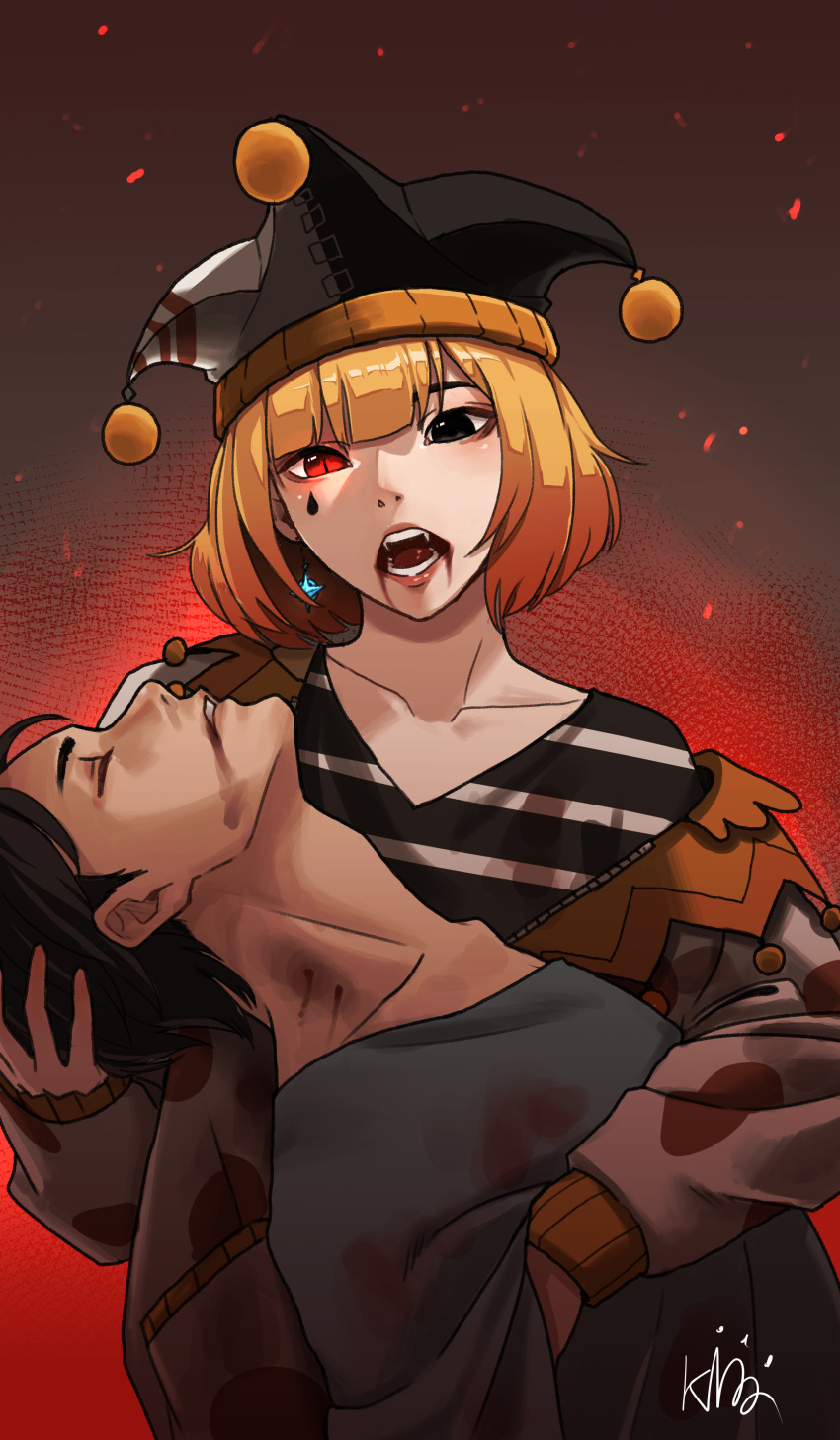 1boy absurdres bite_mark blonde_hair clown fangs female glowing glowing_eye gradient_background hat heterochromia highres holding_person jester_cap kingpaka315 korean_commentary looking_at_another original pierrot short_hair slit_pupils two-tone_background vampire