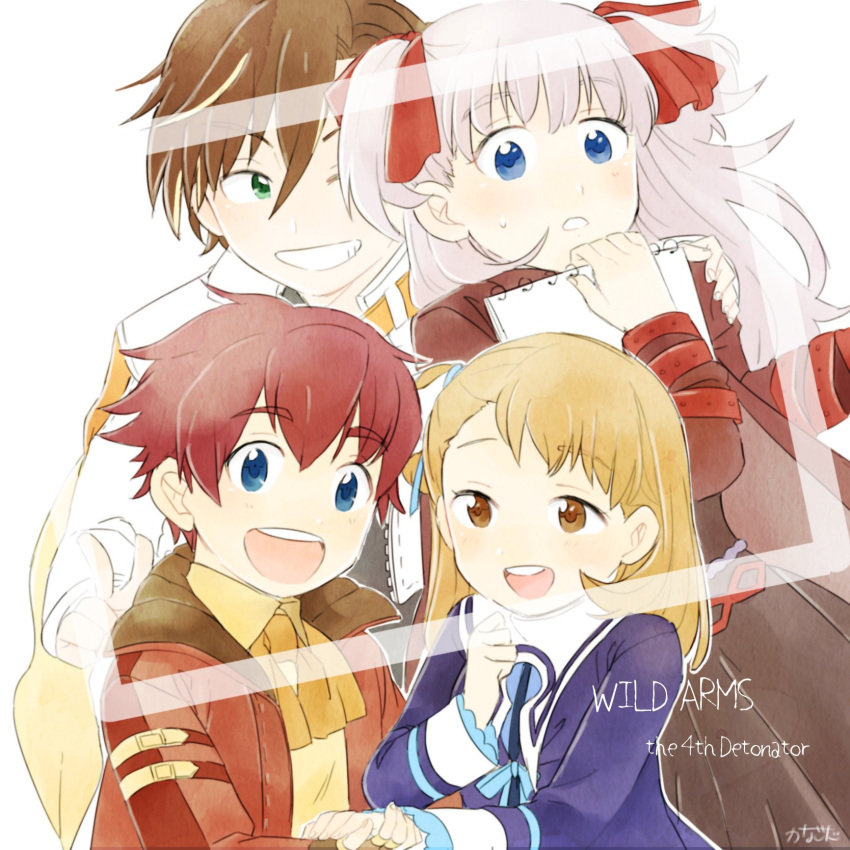 2boys 2girls arnaud_g._vasquez blue_eyes brown_eyes brown_hair coat dress green_eyes hair_ribbon highres jude_maverick kanagon_(denebu00) long_hair looking_at_viewer multiple_boys multiple_girls open_mouth raquel_applegate ribbon short_hair simple_background smile two_side_up white_background wild_arms wild_arms_4 yulie_ahtreide