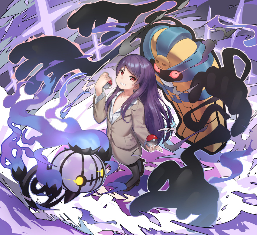 absurdres chandelure cofagrigus commentary_request crossover female full_body grin gundou_mirei gundou_mirei_(1st_costume) high_heels highres holding holding_poke_ball long_hair looking_at_viewer monosenbei nijisanji pantyhose poke_ball poke_ball_(basic) pokemon pokemon_(creature) purple_hair skirt smile standing virtual_youtuber