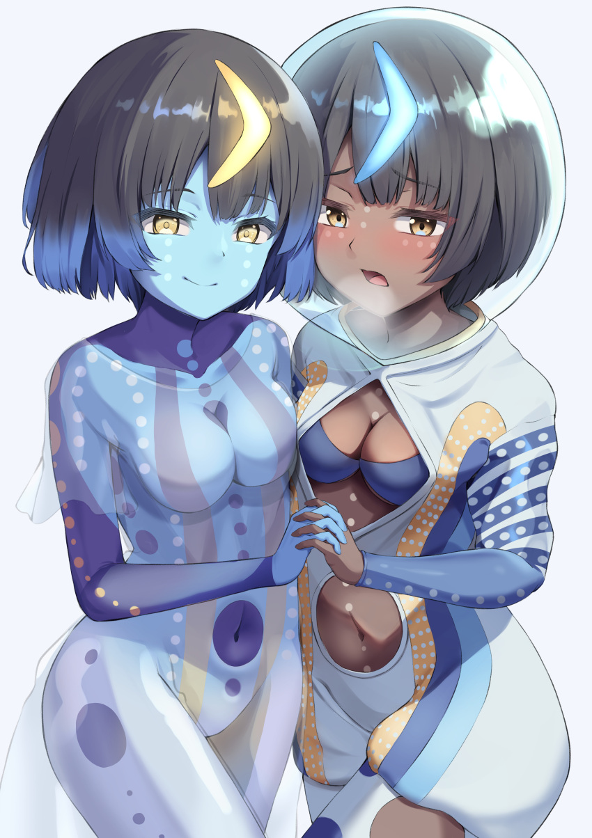 2girls absurdres ars_rg0412 black_hair blue_skin breasts brown_eyes cleavage_cutout clothing_cutout colored_skin dark-skinned_female dark_skin dual_persona fate/grand_order fate_(series) highres holding_hands multiple_girls navel navel_cutout see-through short_hair small_breasts smile wandjina_(fate) wandjina_(fate)_(first_ascension)_(fate) wandjina_(fate)_(second_ascension)_(fate) yellow_eyes