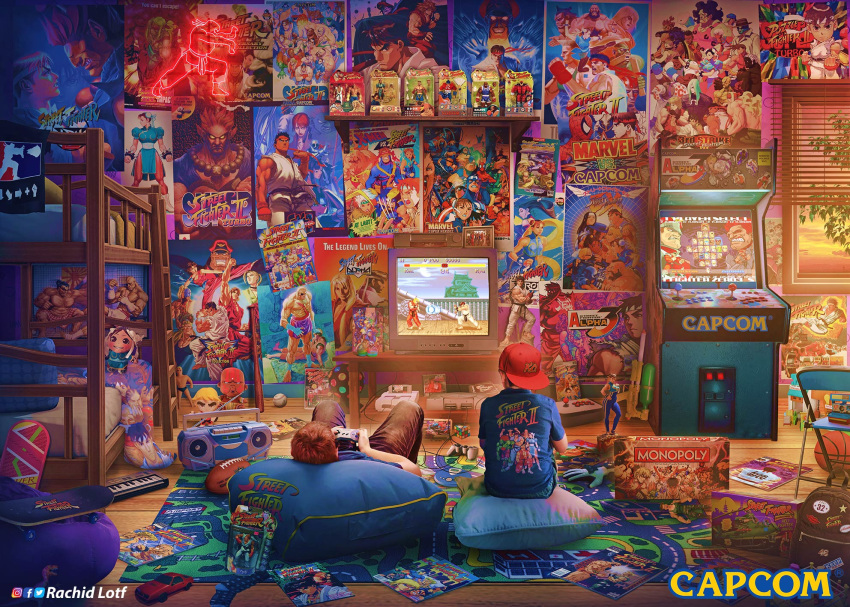 1990s_(style) 2boys akuma_(street_fighter) alex_(street_fighter) arcade_cabinet arcade_stick back_to_the_future backwards_hat ball baseball_cap bean_bag_chair bed bedroom blanka board_game book bunk_bed cameo cammy_white capcom captain_america captain_america_(series) carpet character_doll character_print chun-li controller copyright_name cracker_jack crt cyclops_(x-men) dee_jay dhalsim doctrine_dark dudley edmond_honda elena_(street_fighter) english_commentary english_text evil_ryu facebook_logo fei_long game_cartridge game_console game_controller guile hadouken hat hibiki_dan highres hokuto_(street_fighter) hoverboard hugo_andore ibuki_(street_fighter) indoors instagram_logo joystick kasugano_sakura ken_masters loaded_interior logo m._bison makoto_(street_fighter) male_focus marvel marvel_vs._capcom messy_room mixed_media monopoly multiple_boys necro_(street_fighter) neon_lights official_art oro_(street_fighter) playing_games playstation_1 poster_(object) power_glove_(nintendo) print_shirt pullum_purna puzzle_fighter q_(street_fighter) rachid_lotf remy_(street_fighter) retro_artstyle rogue_(x-men) rose_(street_fighter) rubik's_cube ryu_(street_fighter) sagat sean_matsuda sharon_(street_fighter) shirt skullomania sodom spider-man spider-man_(series) statuette street_fighter street_fighter_ex_(series) street_fighter_ii_(series) street_fighter_ii_v street_fighter_iii_(series) street_fighter_zero_(series) super_nintendo television thunder_hawk toy_car twelve twitter_logo urien vega_(street_fighter) window wolverine_(x-men) x-men x-men_vs._street_fighter yang_lee yun_lee zangief