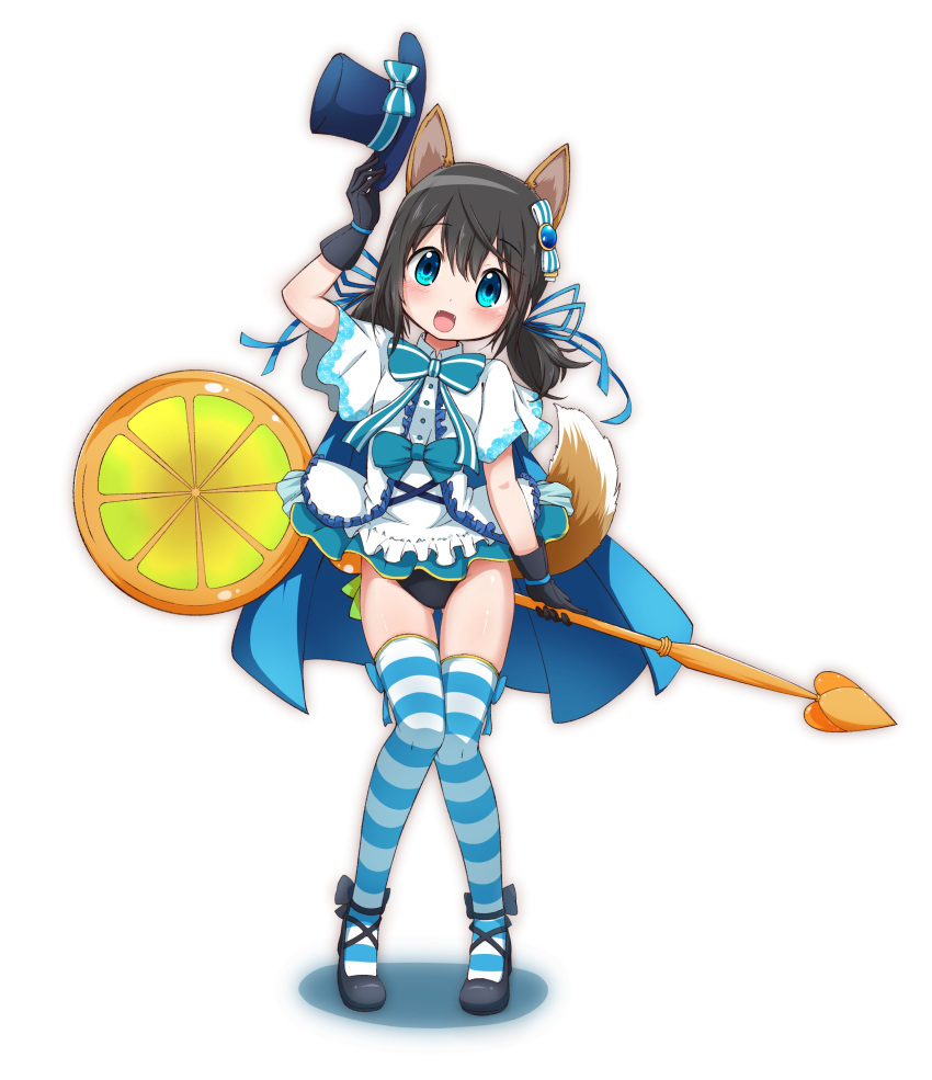 absurdres animal_ears black_footwear black_gloves black_hair black_panties blouse blue_bow blue_bowtie blue_eyes blue_hat blue_ribbon blue_thighhighs bow bowtie chiaki_riko commentary dog_ears dog_tail female food food_pick fruit full_body gloves hair_ornament hair_ribbon halloween halloween_costume hat highres holding holding_clothes holding_hat holding_staff kemonomimi_mode looking_at_viewer low_twintails magia_record:_mahou_shoujo_madoka_magica_gaiden magical_girl mahou_shoujo_madoka_magica mary_janes medium_hair open_mouth orange_(fruit) orange_slice panties ribbon shadow shirt shoes short_sleeves simple_background smile solo staff standing striped_clothes striped_thighhighs tail thigh_gap thighhighs top_hat twintails underwear unworn_hat unworn_headwear white_background white_shirt yanmaami