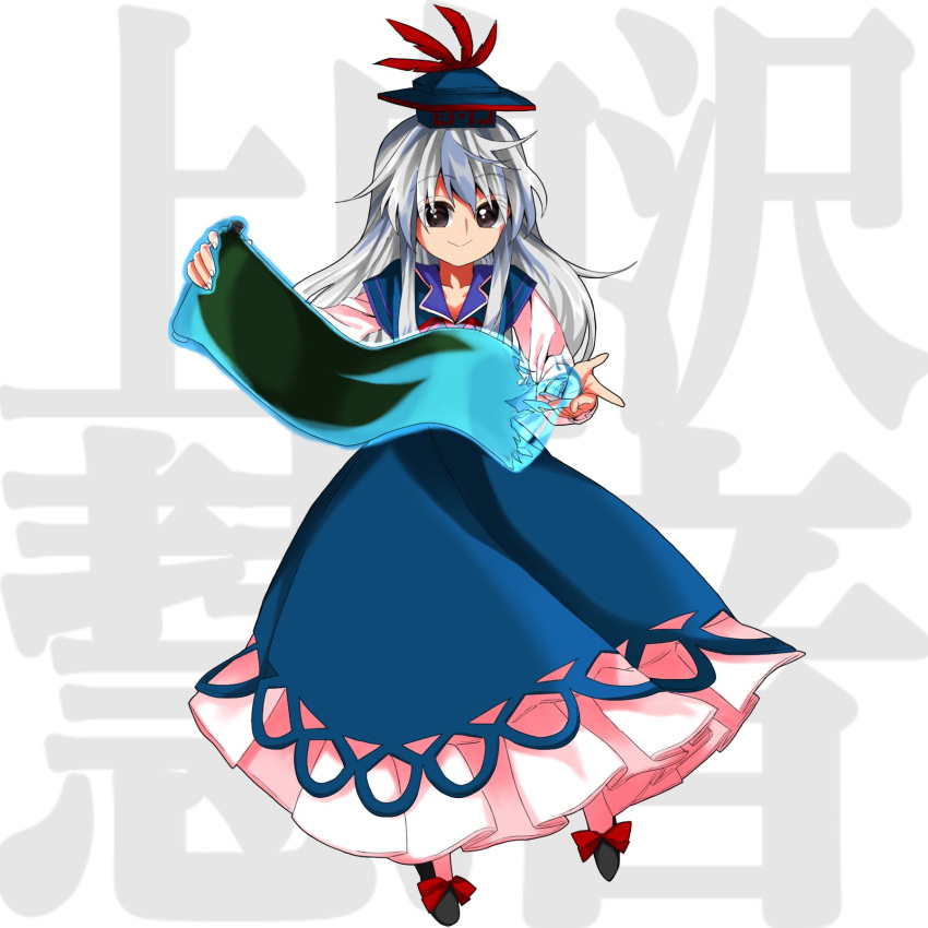 black_eyes black_footwear blue_dress blue_fire blue_hair blue_headwear bow closed_mouth collared_dress commentary dress female fire footwear_bow frilled_bow frills full_body grey_hair harukawa_moe_(style) highres kamishirasawa_keine keiki8296 long_hair multicolored_hair neckerchief red_bow red_neckerchief scroll shirt short_sleeves sidelocks sleeveless sleeveless_dress solo touhou two-tone_hair very_long_hair white_shirt