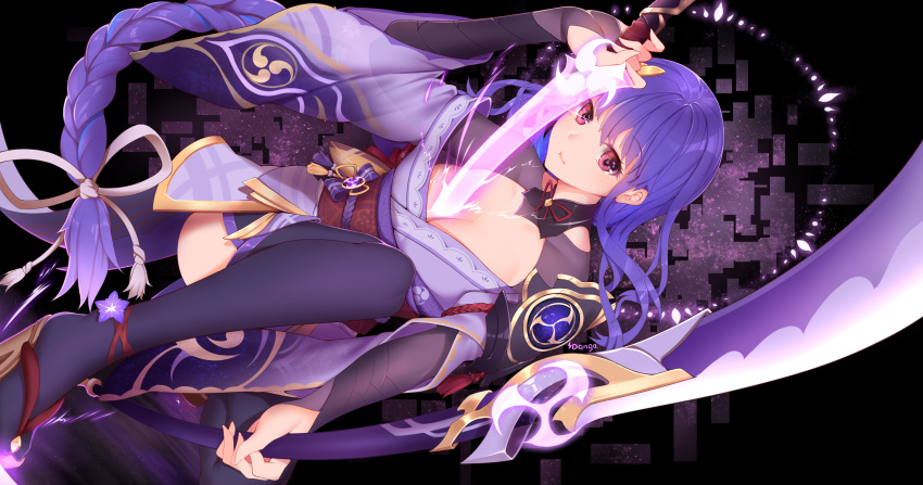 abstract_background absurdres ankle_flower armor braid breasts bridal_gauntlets choker cleavage dark_background drawing_sword dual_wielding electricity engulfing_lightning_(genshin_impact) female flower genshin_impact hair_ornament hair_tie hanami_dango_(zzldango) highres holding holding_sword holding_weapon human_scabbard japanese_clothes kimono large_breasts light_smile long_hair looking_at_viewer low-braided_long_hair low-tied_long_hair magic_circle mitsudomoe_(shape) mole mole_under_eye musou_isshin_(genshin_impact) naginata obi obiage obijime polearm print_kimono purple_background purple_eyes purple_flower purple_hair purple_kimono purple_thighhighs raiden_shogun red_ribbon ribbon ribbon_choker sandals sash short_kimono shoulder_armor solo sword tabi tassel thighhighs tomoe_(symbol) very_long_hair weapon wide_sleeves