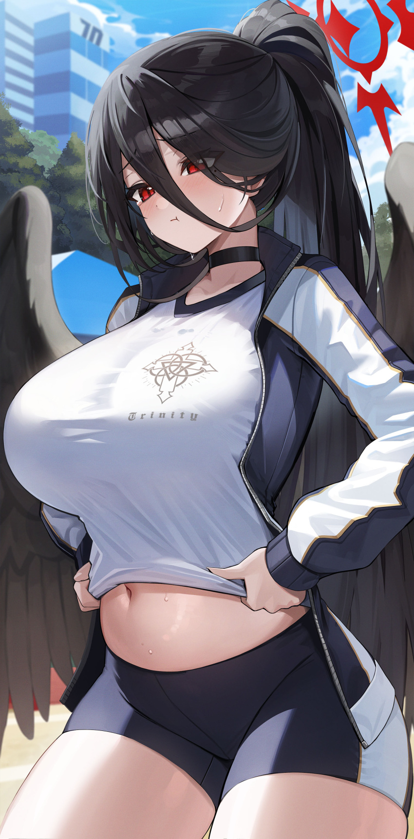 :t absurdres belly bike_shorts black_choker black_hair blue_archive blue_sky blush breasts building choker cloud day dot_nose female gym_uniform hair_between_eyes halo hasumi_(blue_archive) hasumi_(track)_(blue_archive) high_ponytail highres hutosutoro jacket large_breasts long_hair mole mole_under_eye navel official_alternate_costume outdoors ponytail pout raised_eyebrows red_eyes shirt shirt_tug short_shorts shorts sky solo stomach sweat taut_clothes thighs tight_clothes track_jacket tree undersized_clothes white_shirt