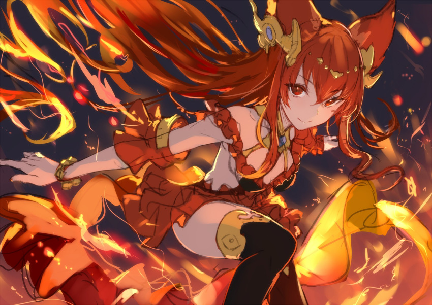 animal_ears anthuria bare_shoulders black_thighhighs bracelet breasts detached_sleeves ear_ornament erune female fire granblue_fantasy hair_ornament highres jewelry kakage long_hair looking_at_viewer red_eyes red_hair red_skirt sideboob sideless_outfit skirt smile solo thighhighs