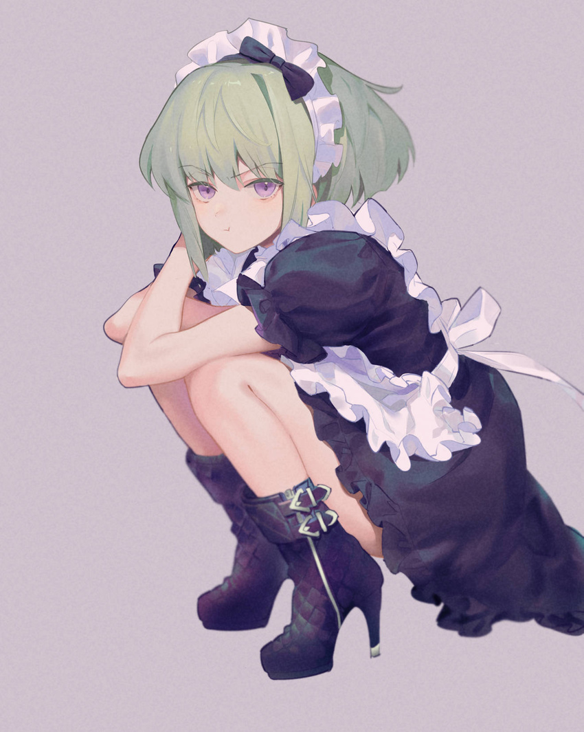 1boy :t alternate_costume apron bare_arms bare_legs belt_boots black_bow boots bow crossdressing crossed_arms dress enmaided frilled_apron frilled_dress frills full_body green_hair hairbow high_heel_boots high_heels highres lio_fotia maid maid_headdress male_focus male_maid otoko_no_ko promare purple_background purple_eyes rice_(rice8p) short_hair short_sleeves sidelocks simple_background solo squatting