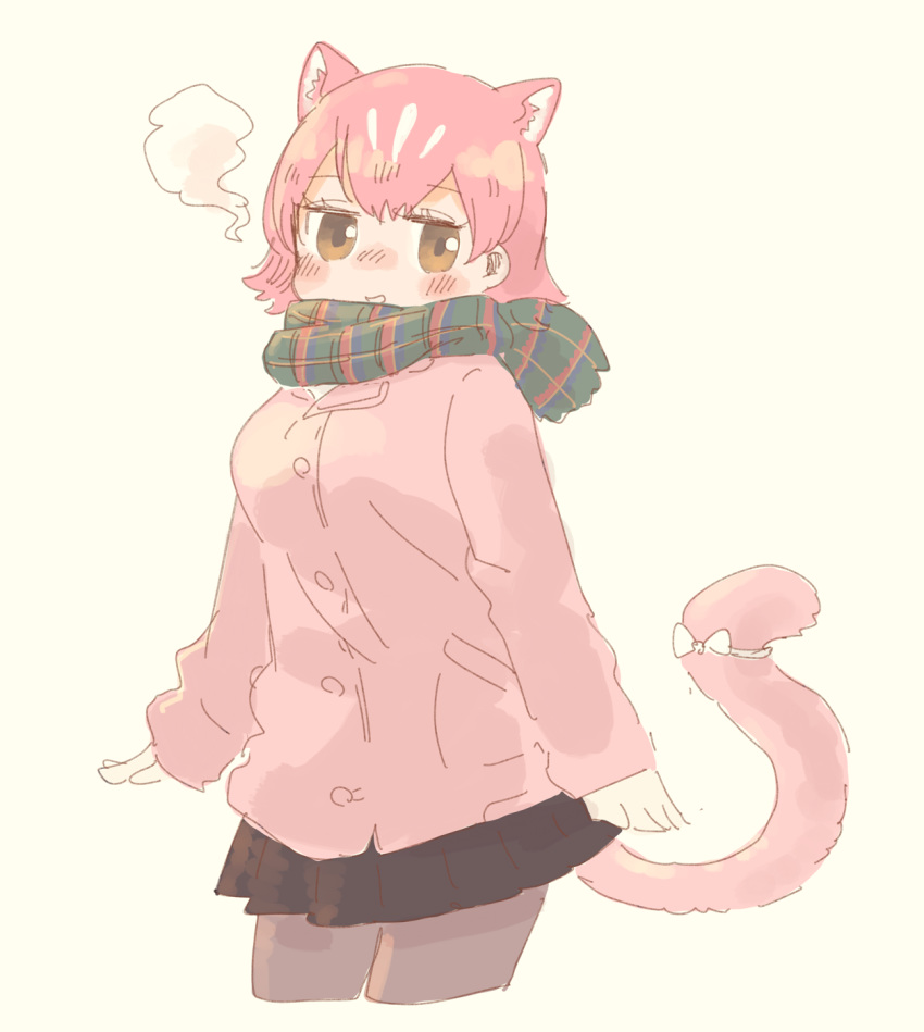 :d alternate_costume animal_ear_fluff animal_ears arms_at_sides beige_background black_legwear black_skirt blush breasts breath brown_eyes cat_ears cat_girl cat_tail contrapposto cowboy_shot cropped_legs extra_ears eyelashes female from_side green_scarf hasu_(zatsugami) highres jacket jitome kemono_friends large_breasts long_sleeves looking_at_viewer multicolored_hair no_nose nose_blush open_mouth panther_ears panther_girl panther_tail peach_panther_(kemono_friends) pink_hair pink_jacket plaid plaid_scarf pleated_skirt ribbon scarf short_hair simple_background skirt smile solo streaked_hair tail tail_ornament tail_ribbon white_ribbon winter_clothes