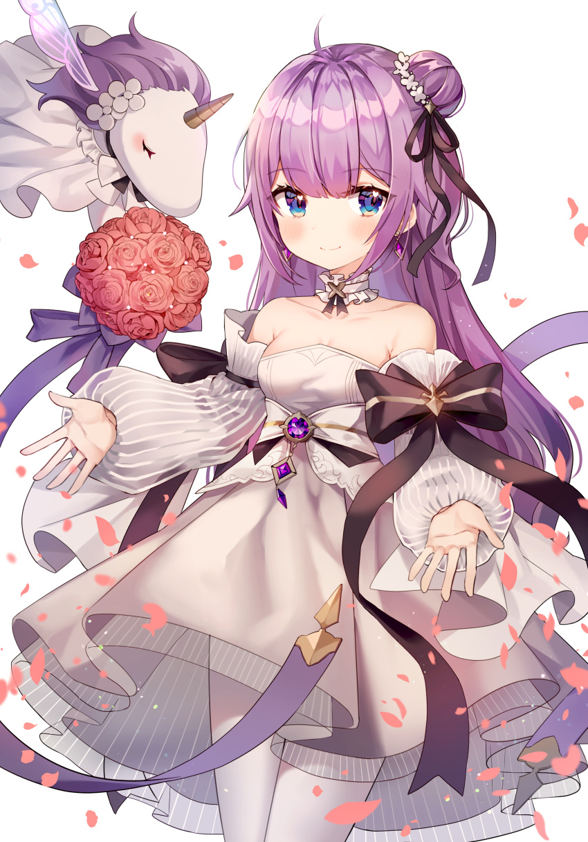 absurdres ahoge azur_lane bare_shoulders blush churi_(oxxchurixxo) closed_mouth detached_sleeves dress female flower hair_bun hair_ribbon highres jewelry long_hair long_sleeves looking_at_viewer official_alternate_costume pantyhose petals purple_eyes purple_hair red_flower red_rose ribbon rose single_hair_bun single_side_bun smile solo strapless strapless_dress stuffed_unicorn unicorn unicorn_(a_dream_of_pure_vows)_(azur_lane) unicorn_(azur_lane) very_long_hair wedding_dress white_dress white_pantyhose