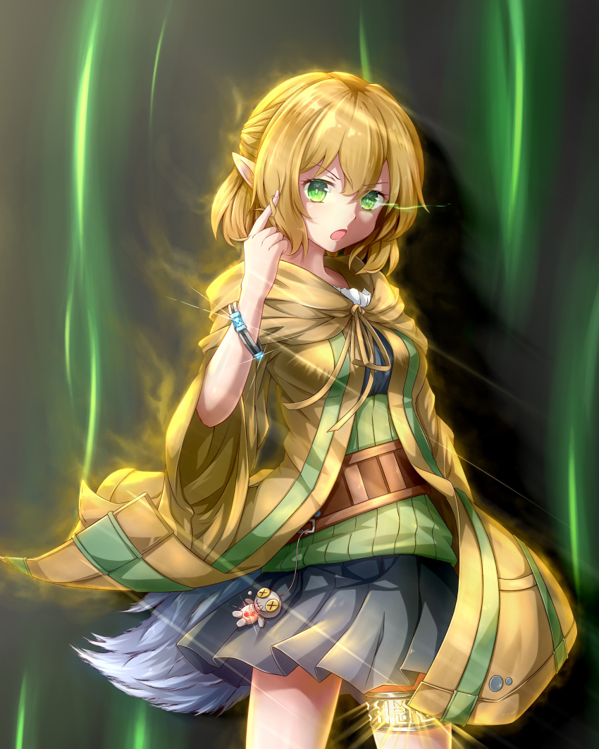 absurdres belt blonde_hair bracelet breasts chinese_commentary commentary_request cosplay cowboy_shot eria_(yu-gi-oh!) eria_the_water_charmer eria_the_water_charmer_(cosplay) eye_trail female feng_ling_(fenglingwulukong) glowing green_eyes hair_between_eyes hand_in_own_hair hand_up highres hooded_robe jewelry light_trail long_sleeves medium_breasts mizuhashi_parsee pointy_ears pom_pom_(clothes) redrawn robe short_hair skirt solo sweater thighlet touhou wide_sleeves wind yu-gi-oh!