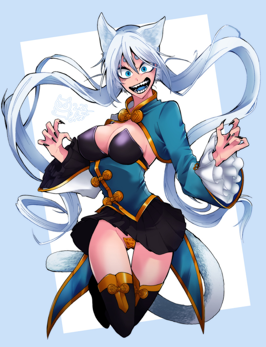 :d animal_ears artist_logo asymmetrical_sleeves bell_sleeves black_nails black_skirt black_sleeves blue_border blue_eyes blue_sleeves blue_tongue border breasts cameltoe cat_day cat_ears cat_girl cat_tail claw_pose claws clothes_lift coattails colored_tongue commentary_request crazy_eyes crazy_smile dated detached_sleeves female fingernails framed_breasts full_body hair_between_eyes highres large_breasts layered_sleeves long_fingernails long_hair looking_at_viewer maebari messy_hair midair mismatched_sleeves mo2p_seira no_panties ofuda ofuda_on_pussy open_mouth original outside_border pleated_skirt sharp_teeth sideboob signature simple_background skirt skirt_lift slit_pupils smile solo tail teeth thighhighs thighs twintails very_long_hair white_background white_sleeves white_tail yun_ying_(mo2p_seira)