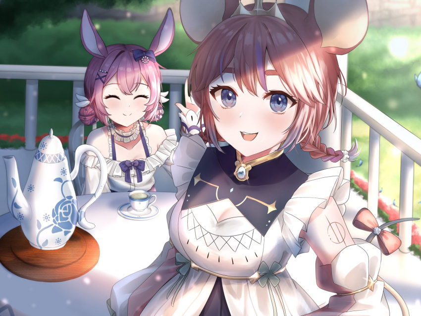 2girls animal_ears blue_bow blue_eyes blurry blurry_background bow braid breasts chair choker closed_eyes cup emiri_kura frilled_choker frills grass hairbow highres indie_virtual_youtuber medium_breasts mouse_ears multiple_girls narunin open_mouth pink_hair smile teacup teapot virtual_youtuber