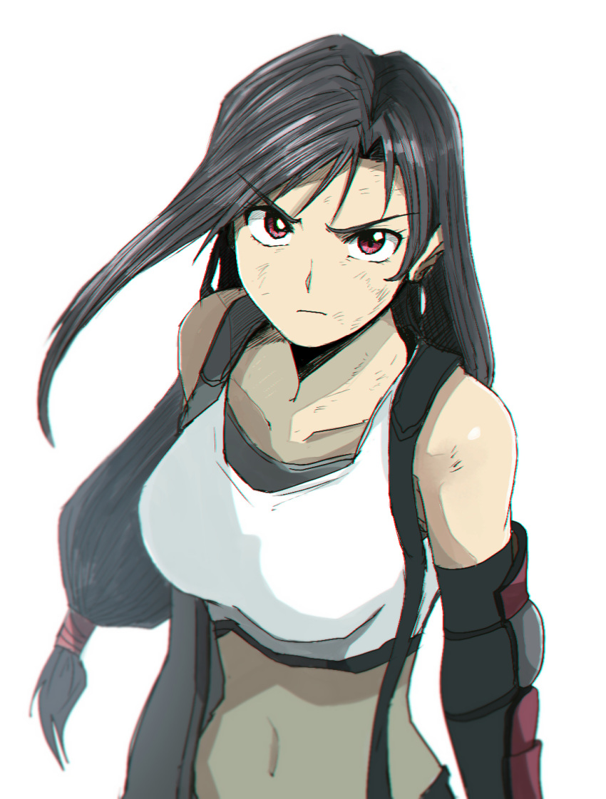 arm_guards asymmetrical_bangs black_gloves black_hair black_skirt black_sports_bra breasts closed_mouth commentary cowboy_shot crop_top elbow_gloves female final_fantasy final_fantasy_vii final_fantasy_vii_remake fingerless_gloves glaring gloves highres long_hair looking_at_viewer low-tied_long_hair medium_breasts midriff navel parted_bangs red_eyes romaji_commentary simple_background skirt sleeveless solo sports_bra straight_hair suspender_skirt suspenders tank_top tifa_lockhart tsubobot tsurime underwear white_background white_tank_top