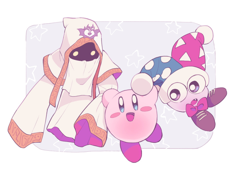 1other 2boys blush blush_stickers border bow bowtie brown_footwear capelet cloak commentary_request emblem gold_trim hat hood hood_up hyness jester_cap kirby kirby:_star_allies kirby_(series) kirby_super_star looking_at_another marx_(kirby) mouth_veil multiple_boys no_arms oerba_yun_fang open_mouth purple_eyes red_bow red_bowtie robe roku_(suzusuzu65972012) shaded_face sleeves_past_wrists starry_background veil very_long_sleeves white_border white_cloak white_headwear yellow_eyes