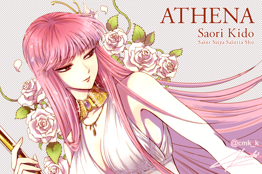 athena_(saint_seiya) bare_arms bare_shoulders breasts character_name cleavage closed_mouth collar commentary copyright_name dress female fingernails flower hair_ornament holding holding_staff jewelry kido_saori kuori_chimaki large_breasts lips long_hair looking_to_the_side necklace petals purple_hair rose saint_seiya saint_seiya_saintia_sho signature sleeveless sleeveless_dress solo sparkle staff twitter_username upper_body white_dress white_flower white_rose