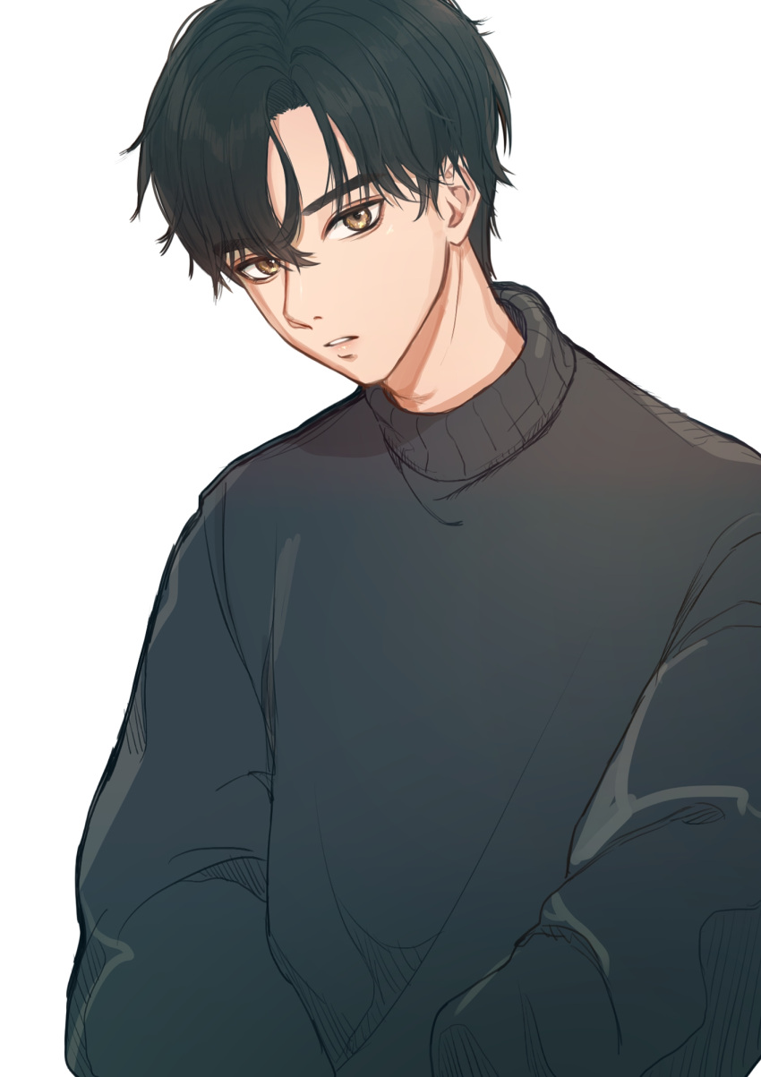 1boy black_hair black_sweater brown_eyes harua_sorausagi highres lee_suho long_sleeves looking_at_viewer male_focus short_hair simple_background solo sweater true_beauty white_background