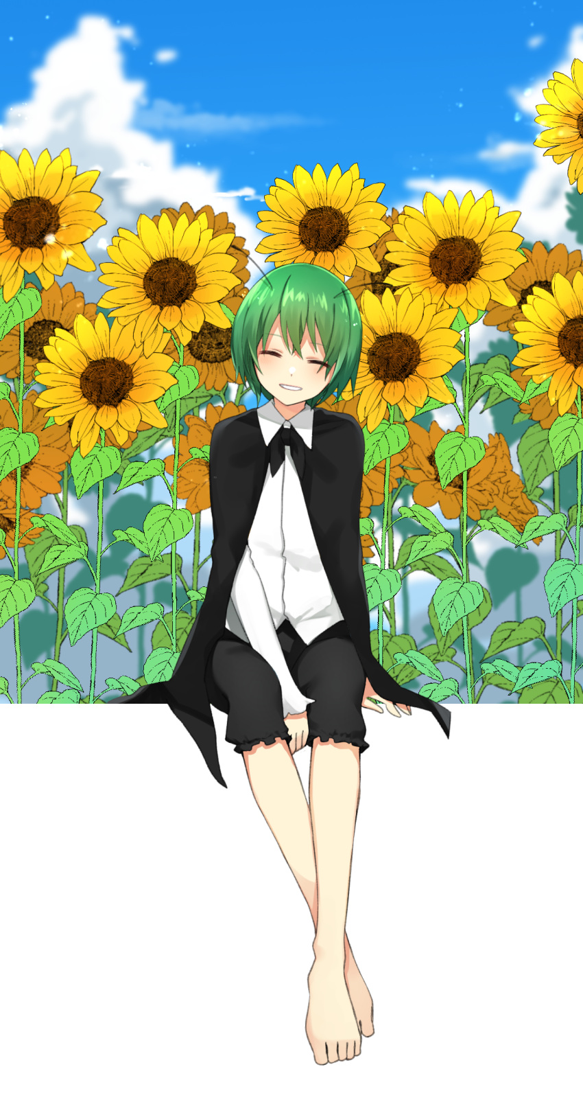 antennae barefoot between_legs black_cape black_shorts blue_sky cape closed_eyes cloud collared_shirt commentary crossed_legs day facing_viewer feet female flower full_body garden_of_the_sun green_hair grin hand_between_legs head_tilt highres katsuobushi_(eba_games) long_sleeves outdoors shirt short_hair shorts sitting sketch_background sky smile solo sunflower toes touhou unfinished white_background white_shirt wriggle_nightbug