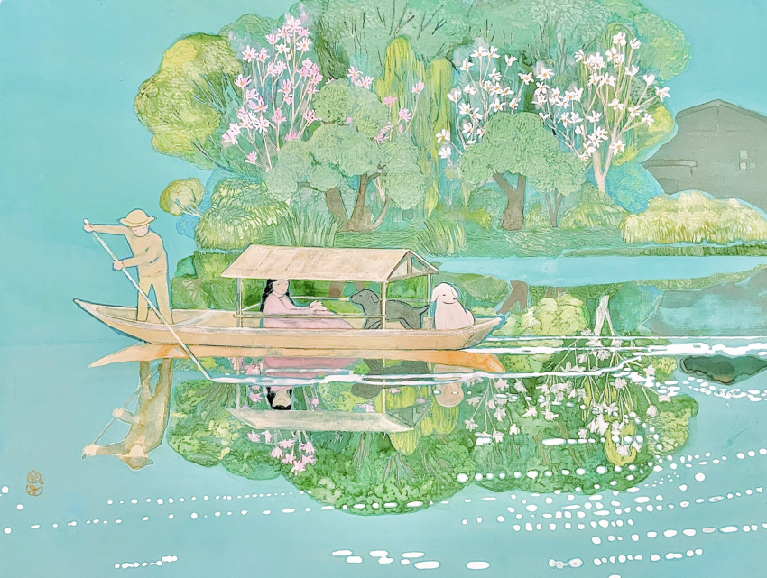 1boy black_dog black_hair boat building canine female flower hat highres isozaki_nana long_hair long_sleeves original pink_flower reflection tree watercraft white_dog white_flower