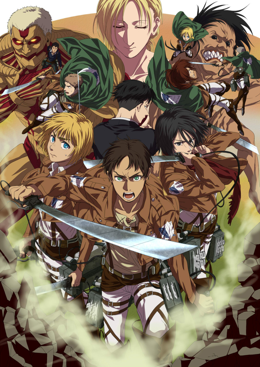 4girls 6+boys annie_leonhart aquiline_nose armin_arlert armored_titan battle bertolt_hoover black_hair capelet connie_springer cropped_jacket dark-skinned_male dark_skin eren_yeager giant giant_male green_capelet highres jacket jaw_titan jean_kirstein krista_lenz leather leather_jacket levi_(shingeki_no_kyojin) mikasa_ackerman multiple_boys multiple_girls pants paradis_military_uniform sasha_blouse shingeki_no_kyojin short_hair spoilers steam three-dimensional_maneuver_gear titan_(shingeki_no_kyojin) white_pants zyunya