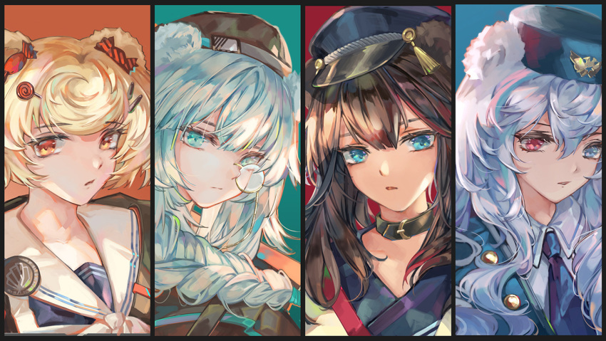 4girls animal_ears aqua_eyes arknights bad_id bad_pixiv_id bear_ears blonde_hair blue_eyes blue_hair blue_headwear blue_necktie braid candy_hair_ornament choker column_lineup commentary expressionless food-themed_hair_ornament green_eyes grey_hair gummy_(arknights) hair_between_eyes hair_ornament hat heterochromia istina_(arknights) jacket monocle multicolored_background multicolored_hair multiple_girls necktie peaked_cap qie red_eyes rosa_(arknights) sailor_collar sailor_shirt school_uniform serafuku shirt single_braid white_hair white_jacket white_sailor_collar zima_(arknights)