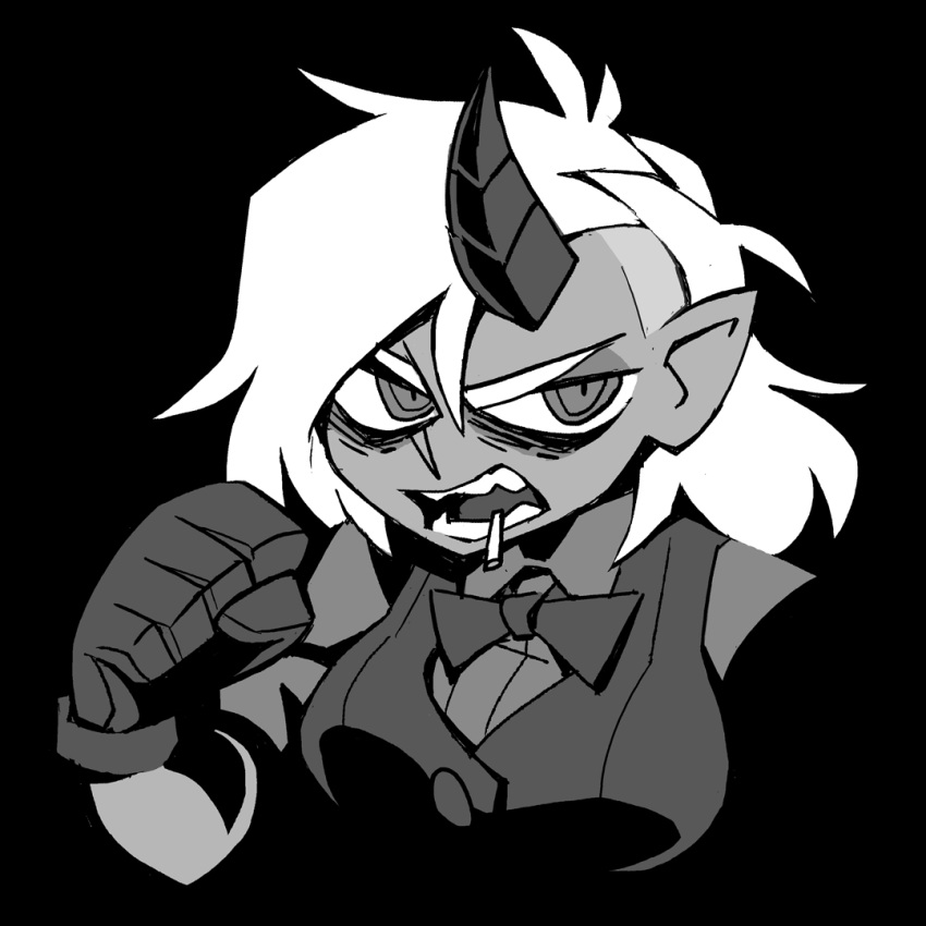 black_background breasts cigarette clenched_hand collared_shirt female gloves greyscale horns large_breasts long_hair looking_at_viewer monochrome necktie original sharp_teeth shirt simple_background single_horn solo teeth upper_body vanripper vest