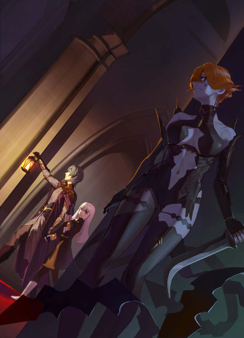 1boy 2girls absurdres armor black_gloves blue_hair book boots breasts byleth_(fire_emblem) byleth_(male)_(fire_emblem) center_opening closed_mouth clothing_cutout commentary facial_mark fire_emblem fire_emblem:_three_houses garreg_mach_monastery_uniform gen_(bividgen) gloves highres holding holding_book holding_hands holding_lantern holding_sword holding_weapon kronya_(fire_emblem) lantern long_hair long_sleeves looking_to_the_side lysithea_von_ordelia multiple_girls navel navel_cutout orange_hair pink_eyes red_eyes short_hair sword uniform wavy_mouth weapon white_hair