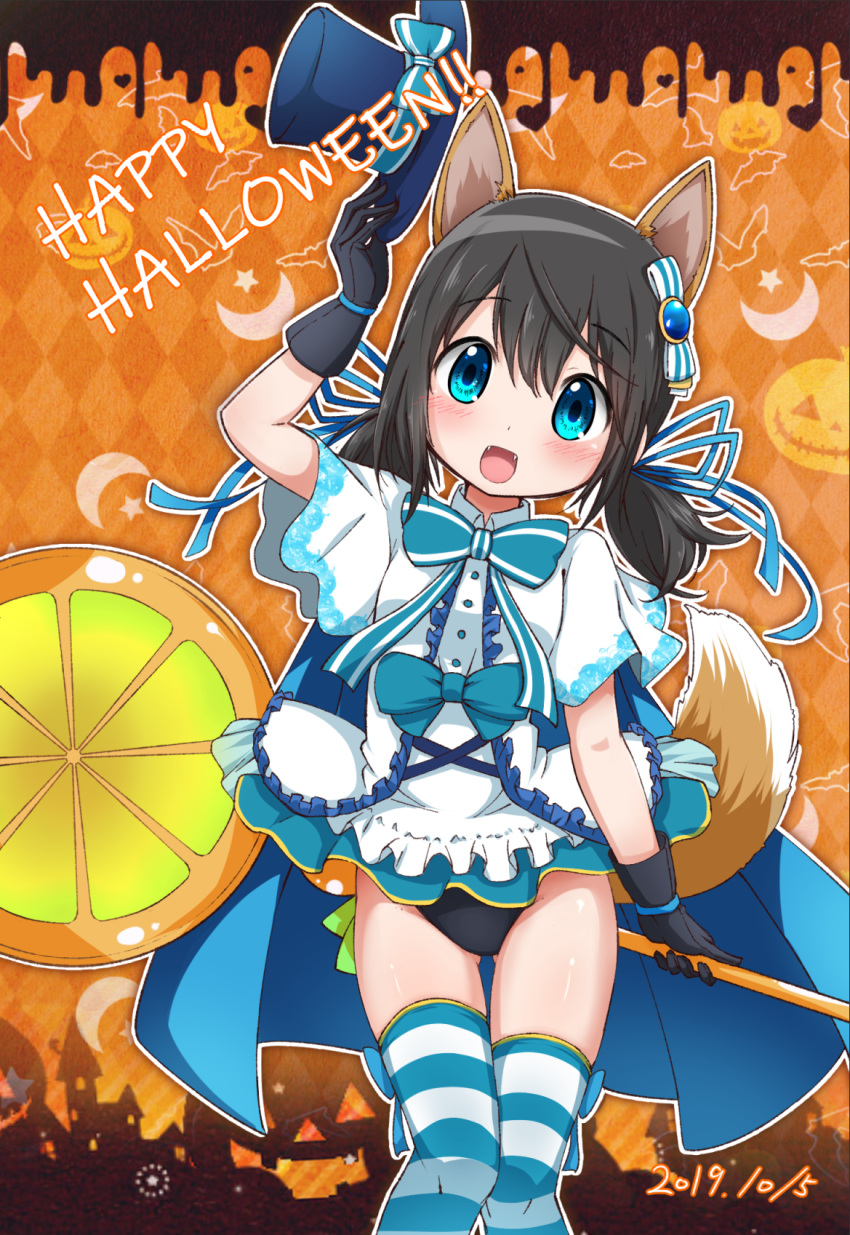 animal_ears argyle_background bad_id bad_pixiv_id black_gloves black_hair black_panties blouse blue_bow blue_bowtie blue_eyes blue_hat blue_ribbon blue_thighhighs bow bowtie chiaki_riko commentary_request cowboy_shot dated dog_ears dog_tail female food food_pick fruit gloves hair_ornament hair_ribbon halloween halloween_costume happy_halloween hat highres holding holding_clothes holding_hat holding_staff jack-o'-lantern kemonomimi_mode looking_at_viewer low_twintails magia_record:_mahou_shoujo_madoka_magica_gaiden magical_girl mahou_shoujo_madoka_magica medium_hair open_mouth orange_(fruit) orange_background orange_slice panties partial_commentary ribbon shirt short_sleeves smile solo staff standing tail thigh_gap thighhighs top_hat twintails underwear unworn_hat unworn_headwear white_shirt yanmaami