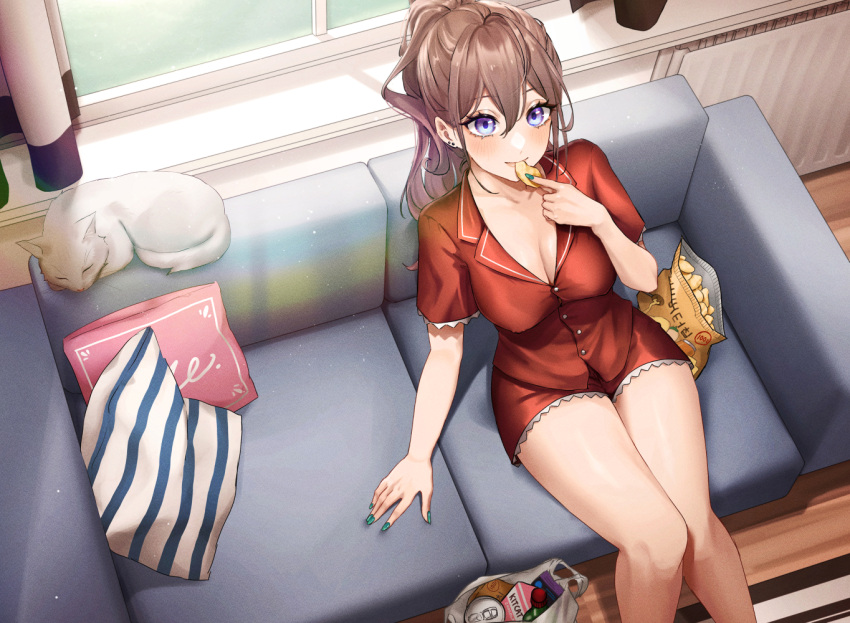 animal aqua_nails blue_eyes blush brand_name_imitation brown_hair can chips couch cushion earrings expulse feline female food jewelry long_hair looking_at_viewer original pajamas ponytail potato_chips sitting smile solo