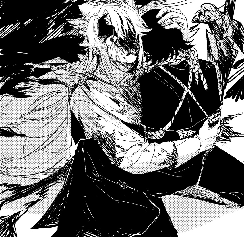 2boys arms_behind_back bound bound_arms cape capelet collared_shirt cookie_run crying crying_with_eyes_open death despair empty_eyes espresso_cookie feet_out_of_frame gloves greyscale hair_over_one_eye highres hug humanization kneeling long_hair looking_at_viewer madeleine_cookie male_focus monochrome multiple_boys noose pants parted_lips planted planted_sword robe rope shirt short_hair sword tears tuko weapon