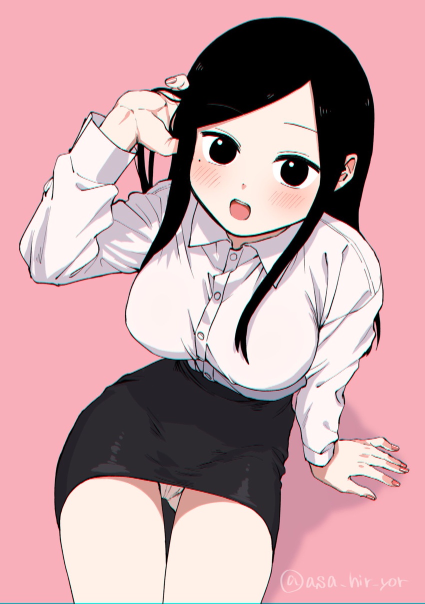 asa_hir_yor black_eyes black_hair blush breasts chromatic_aberration female formal hand_in_own_hair hand_up high-waist_skirt highres large_breasts looking_at_viewer medium_hair miniskirt mole mole_under_eye office_lady panties pantyshot pencil_skirt sakurai_touko senpai_ga_uzai_kouhai_no_hanashi shirt shirt_tucked_in sidelocks skirt skirt_suit smile solo suit twirling_hair underwear